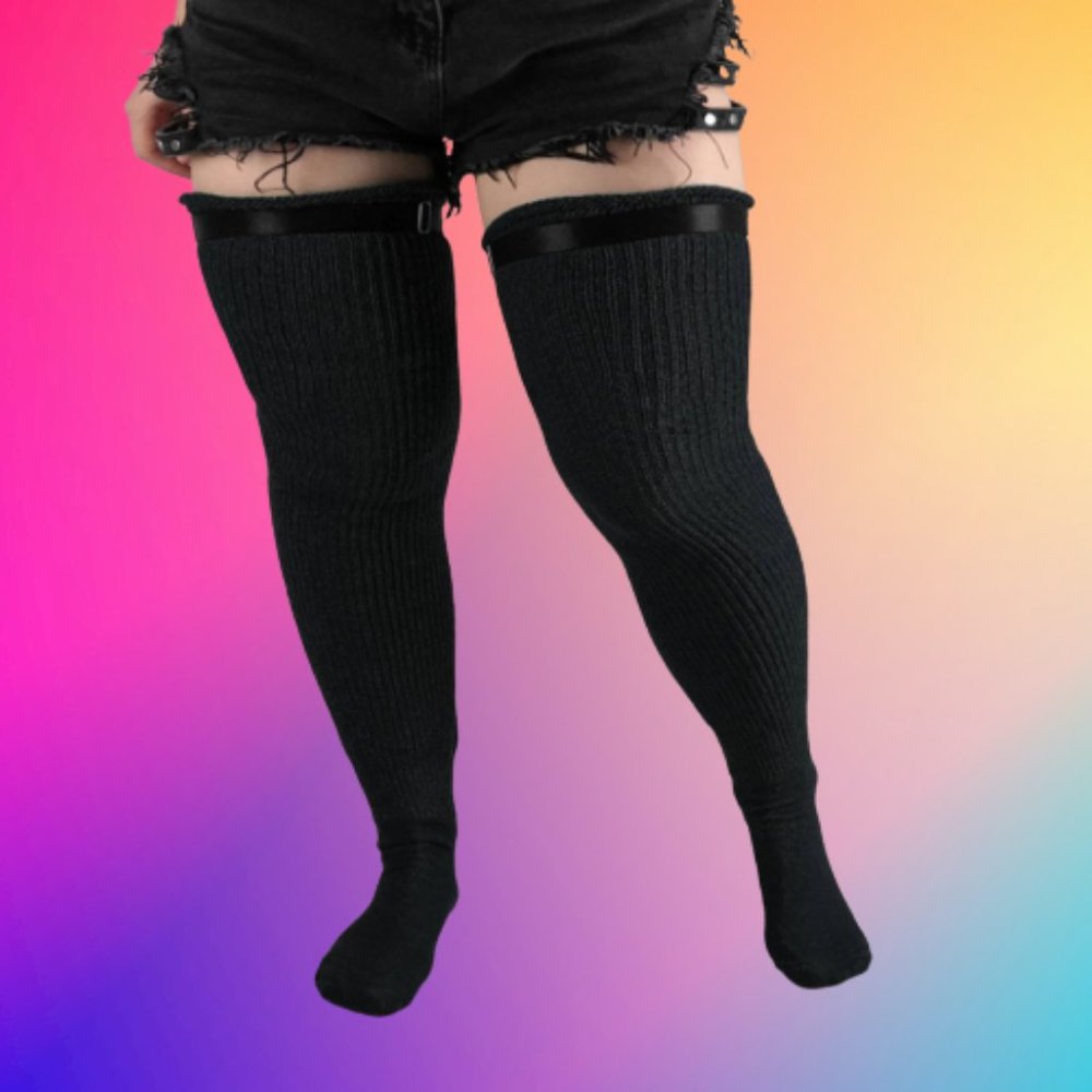 TRUE Plus Size Thigh High Socks - Sweater Sock with Garters - Black